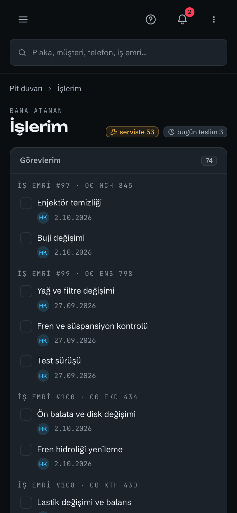 Teknisyenin telefonunda İşlerim ekranı, örnek veriyle
